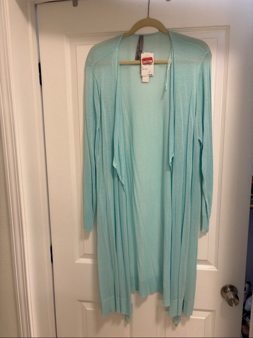 Light Aqua Long Open-Front Duster Cardigan by Melissa McCarthy